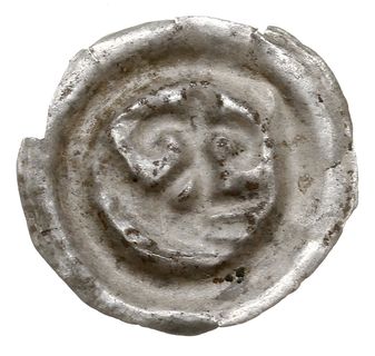 brakteat guziczkowy, XIII w., Dłoń w lewo trzymająca trzymająca kciukiem i wskazującym palcem lilię ku górze, srebro 0.17 g, Kop. 206, Bahrf. Brandenburg 764