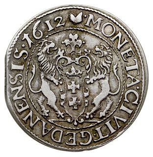 ort 1612, Gdańsk, kropka za łapą niedźwiedzia, Shatalin G12-10 (R2), moneta z końca blachy, rzadszy rocznik, patyna