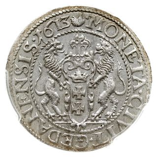 ort 1613, Gdańsk, kropka za łapą niedźwiedzia i bez kulek po bokach krzyża nad herbem Gdańska, Shatalin G13-11 (R2), moneta w pudełku PCGS z notą AU58, rzadszy rocznik, ładnie zachowany
