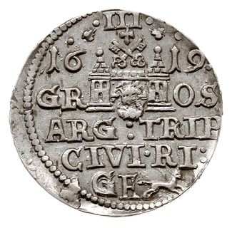 trojak 1619, Ryga, mała głowa króla, Iger R.19.1.f (R3) podobny, Gerbaszewski 1.11, T. 3, rzadki i ładny
