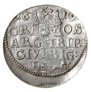 trojak 1619, Ryga, średnia głowa króla, Iger R.19.2.c (R3), Gerbaszewski nie notuje, T. 3, przesunięcie stempla rewersu, rzadki