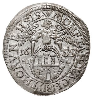 ort 1655, Toruń, odmiana z literami HI - L (inicjałami Hansa Jakuba Lauera) po bokach herbu Torunia, wybity charakterystycznie uszkodzonym stemplem, ładnie zachowany