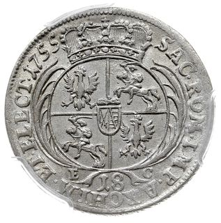 ort 1755, Lipsk, Kahnt 686 d -masywne popiersie w szerokiej koronie, moneta w pudełku PCGS z notą AU58, drobne niedobicie, ale ładny egzemplarz