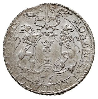 ort 1760, Gdańsk, odmiana z mieczem pomiędzy gałązkami palmowymi, Kahnt 725 a - mały wieniec nad herbem, z aukcji PDA 10/740, moneta wybita z końca blachy, delikatna patyna, ładnie zachowany
