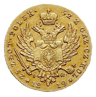 25 złotych 1819, Warszawa, złoto 4.90 g, Plage 14, Bitkin 814 (R), minimalny defekt na obrzeżu, ale piękne, patyna