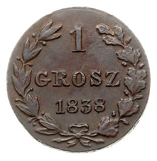 1 grosz polski 1838, Warszawa, odmiana św. Jerzy bez płaszcza, Plage 250, Bitkin 1222, ładny egzemplarz, patyna