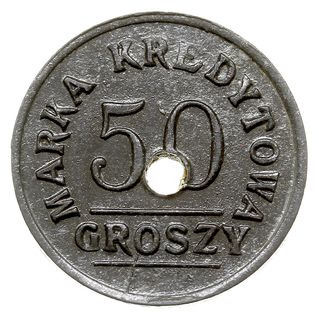 Pleszew - 50 groszy Spółdzielni Żołnierskiej 70 Pułku Piechoty, cynk, odmiana z otworem, Bartoszewicki 72.4a (R7b), lakierowane