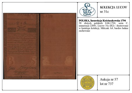 50 złotych polskich 8.06.1794, seria C, numeracja 22041, Lucow 31c (R2) - ilustrowane w katalogu kolekcji, Miłczak A4, bardzo ładnie zachowane