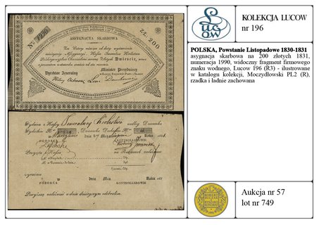 asygnacja skarbowa na 200 złotych 1831, numeracja 1990, widoczny fragment firmowego znaku wodnego, Lucow 196 (R3) - ilustrowane w katalogu kolekcji, Moczydłowski PL2 (R), rzadka i ładnie zachowana