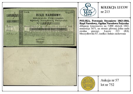 Rząd Narodowy, Ogólna Narodowa Pożyczka, obligacja tymczasowa na 5.000 złotych 1863, numeracja 1671, na stronie głównej jedna mała owalna pieczęć, Lucow 213 (R4), Moczydłowski S7, rzadka i ładnie zachowana