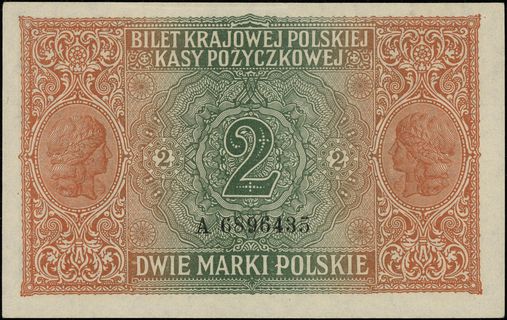 2 marki polskie 9.12.1916, jenerał, seria A, numeracja 6896435, Lucow 257 (R5) - ilustrowane w katalogu kolekcji, Miłczak 3a, Ros. 441, rzadkie, szczególnie w tak pięknym stanie zachowania
