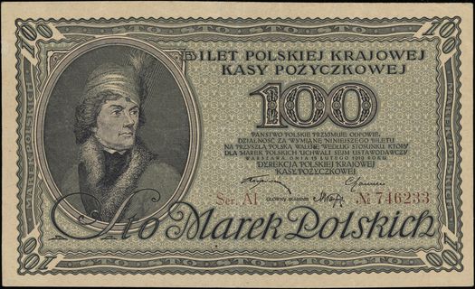 100 marek polskich 15.02.1919, znak wodny plaster miodu”, seria AI, numeracja 746233, Lucow 318 (R3) - ilustrowane w katalogu kolekcji, Miłczak 18c