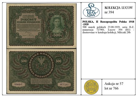 500 marek polskich 23.08.1919, seria II-Z, numeracja 727901, Lucow 394 (R1) - ilustrowane w katalogu kolekcji, Miłczak 28b
