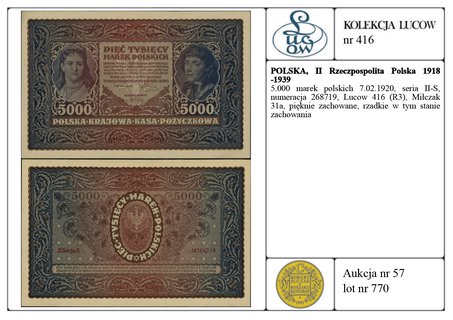 5.000 marek polskich 7.02.1920, seria II-S, numeracja 268719, Lucow 416 (R3), Miłczak 31a, pięknie zachowane, rzadkie w tym stanie zachowania