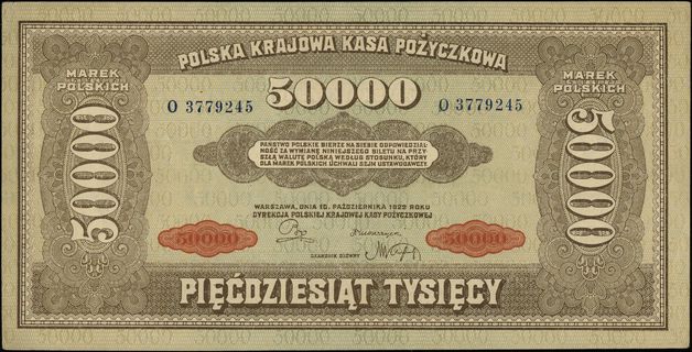 50.000 marek polskich 10.10.1922, seria O, numeracja 3779245, Lucow 425 (R3), Miłczak 33, przyzwoita prezencja