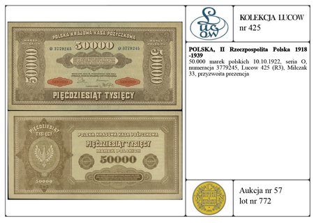 50.000 marek polskich 10.10.1922, seria O, numeracja 3779245, Lucow 425 (R3), Miłczak 33, przyzwoita prezencja