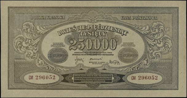 250.000 marek polskich 25.04.1923, seria CM, numeracja 296052, Lucow 431 (R3), Miłczak 34c, wyśmienity stan zachowania