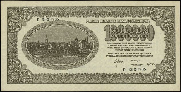 1.000.000 marek polskich 30.08.1923, seria D, numeracja 3936768, Lucow 452 (R4), Miłczak 37b, bardzo ładne, rzadkie w tym stanie zachowania