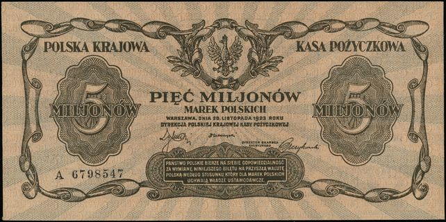 5.000.000 marek polskich 20.11.1923, seria A, numeracja 6798547, Lucow 456 (R5), Miłczak 38, wyśmienite, bardzo rzadkie w takim stanie zachowania