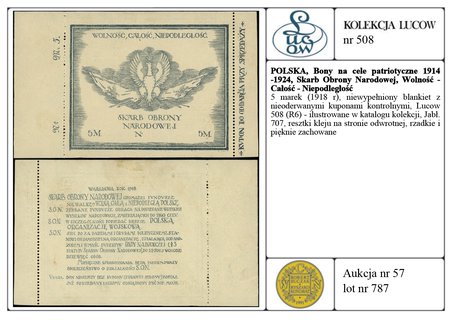 Skarb Obrony Narodowej, Wolność - Całość - Niepodległość, 5 marek (1918 r), niewypełniony blankiet z nieoderwanymi kuponami kontrolnymi, Lucow 508 (R6) - ilustrowane w katalogu kolekcji, Jabł. 707, resztki kleju na stronie odwrotnej, rzadkie i pięknie zachowane