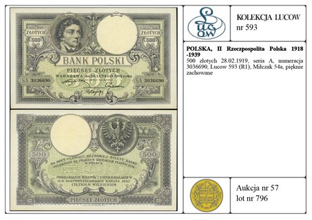 500 złotych 28.02.1919, seria A, numeracja 3036690, Lucow 593 (R1), Miłczak 54a, pięknie zachowane