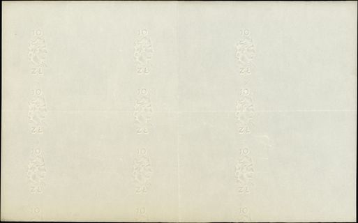 papier do druku banknotów 6 x 10 złotych, emisji 20.07.1926 lub 20.07.1929, bez nadruku, ze znakiem wodnym, niewielkie zagięcia, bardzo ciekawy znak wodny z elementem kontrolnym niespotykanym na pojedynczych banknotach - znakiem X” między typowymi rysunkami, Lucow 639c (R0) - dołączony do kolekcji po wydrukowaniu katalogu, Miłczak - patrz 64, dwukrotnie złożone, ale pięknie zachowane