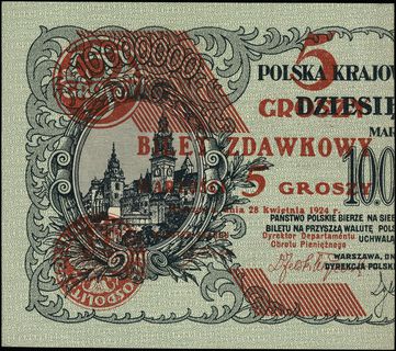 5 groszy 28.04.1924, nadruk na lewej części banknotu 10.000.000 marek polskich, Lucow 699 (R2) - ilustrowane w katalogu kolekcji, Miłczak 43a, wyśmienicie zachowane