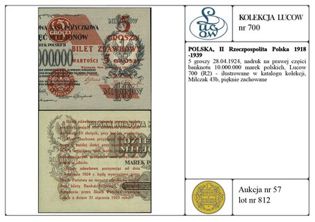 5 groszy 28.04.1924, nadruk na prawej części banknotu 10.000.000 marek polskich, Lucow 700 (R2) - ilustrowane w katalogu kolekcji, Miłczak 43b, pięknie zachowane