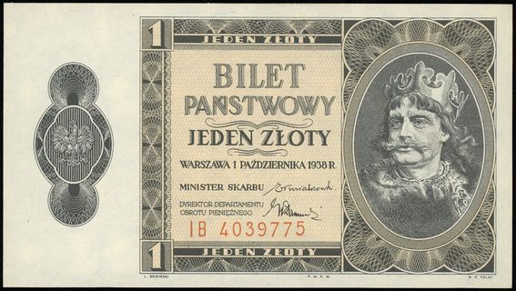 1 złoty 1.10.1938, seria IB, numeracja 4039775, Lucow 719 (R3), Miłczak 78b, wyśmienite i rzadkie