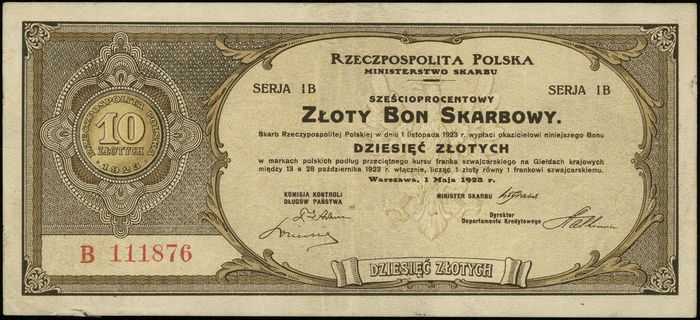 6% Złoty Bon Skarbowy na 10 złotych 1.05.1923, s