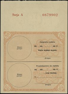 Ministerstwo Skarbu, asygnata na 50 złotych (1939), seria A, numeracja 0879902, Lucow 738 (R4) - nie notuje tej serii, Moczydłowski B132, bez stempli i podpisów na stronie odwrotnej, wyśmienity stan zachowania