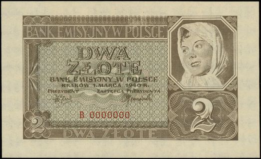 2 złote 1.03.1940, seria B, numeracja 0000000, b