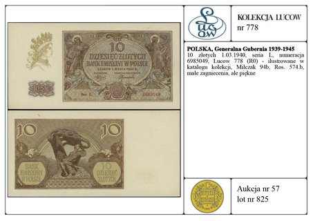 10 złotych 1.03.1940, seria L, numeracja 6985049, Lucow 778 (R0) - ilustrowane w katalogu kolekcji, Miłczak 94b, Ros. 574.b, małe zagniecenia, ale piękne
