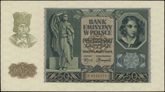 50 złotych 1.03.1940, seria A, numeracja 4154171