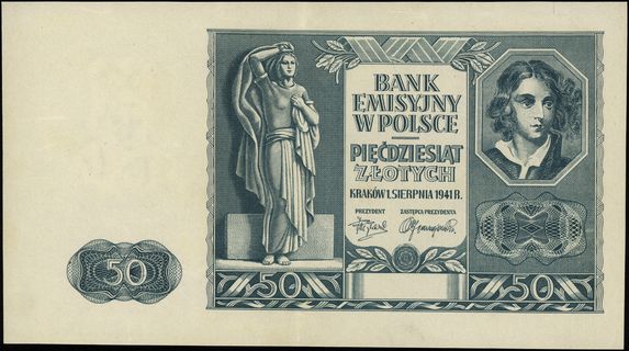 niedokończony druk banknotu 50 złotych 1.08.1941, bez oznaczenia serii i numeracji, po obu stronach brak poddruku, jedynie druk główny stalorytniczy, papier ze znakiem wodnym, Lucow 816 (R3), Miłczak - patrz 102