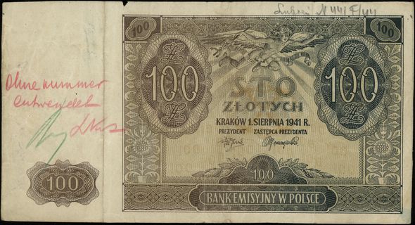 100 złotych 1.08.1941, bez oznaczenia serii i nu