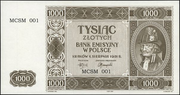 1.000 złotych 1.08.1941, kopia kolekcjonerska z 2004 roku, seria MCSM, numeracja 001, papier z prążkowatym znakiem wodnym, Lucow 825 (R4), Miłczak 103Aa, wyśmienicie zachowane