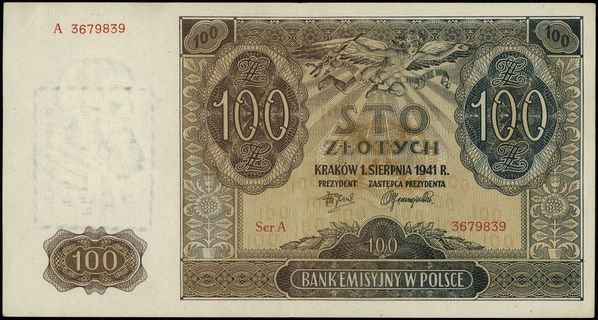 100 złotych 1.08.1941, seria A, numeracja 367983