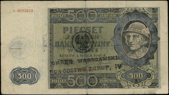 500 złotych 1.03.1940, seria A, numeracja 803382