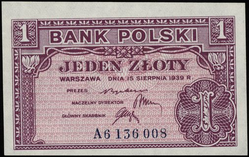 1 złoty 15.08.1939, seria A, numeracja 6136008, 