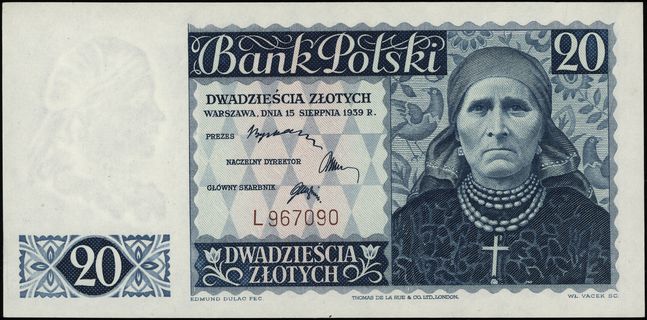 20 złotych 15.08.1939, seria L, numeracja 967090