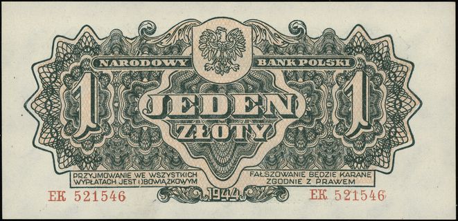 1 złoty 1944, w klauzuli OBOWIĄZKOWYM, seria ЕК, numeracja 521546, Lucow 1077 (R2), Miłczak 105a, wyśmienicie zachowane, rzadkie w tym stanie zachowania