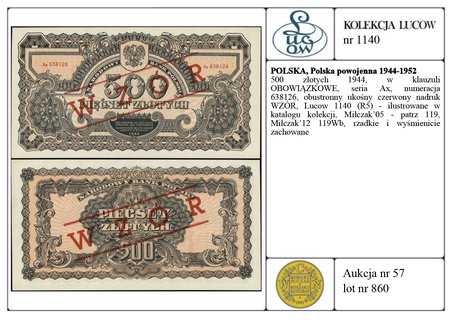500 złotych 1944, w klauzuli OBOWIĄZKOWE, seria Ax, numeracja 638126, obustronny ukośny czerwony nadruk WZÓR, Lucow 1140 (R5) - ilustrowane w katalogu kolekcji, Miłczak’05 - patrz 119, Miłczak’12 119Wb, rzadkie i wyśmienicie zachowane