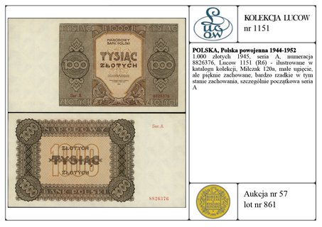 1.000 złotych 1945, seria A, numeracja 8826376, Lucow 1151 (R6) - ilustrowane w katalogu kolekcji, Miłczak 120a, małe ugięcie, ale pięknie zachowane, bardzo rzadkie w tym stanie zachowania, szczególnie początkowa seria A