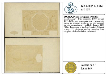 niedokończony druk banknotu 1.000 złotych 15.01.1946, bez oznaczenia serii i numeracji, papier ze znakiem wodnym, po obu stronach jedynie pomarańczowy poddruk, Lucow 1168 (R7) - ilustrowane w katalogu kolekcji, Miłczak - patrz 122, nierówno wycięty, przegięty lewy margines, ale bardzo ładnie zachowane