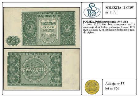 2 złote 15.05.1946, bez oznaczenia serii i numeracji, druk koloru zielonego, Lucow 1177 (R0), Miłczak 124a, delikatnie zaokrąglone rogi, ale piękne