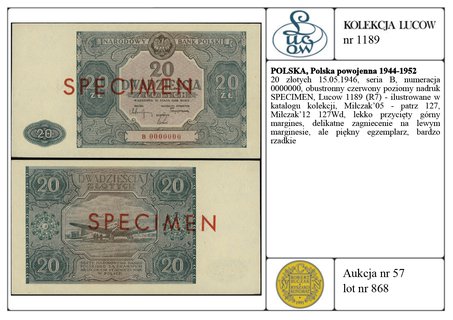 20 złotych 15.05.1946, seria B, numeracja 000000