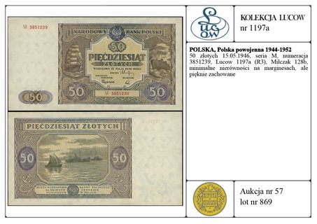 50 złotych 15.05.1946, seria M, numeracja 3851239, Lucow 1197a (R3), Miłczak 128b, minimalne nierówności na marginesach, ale pięknie zachowane