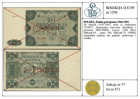 20 złotych 15.07.1947, seria A, numeracja 123465