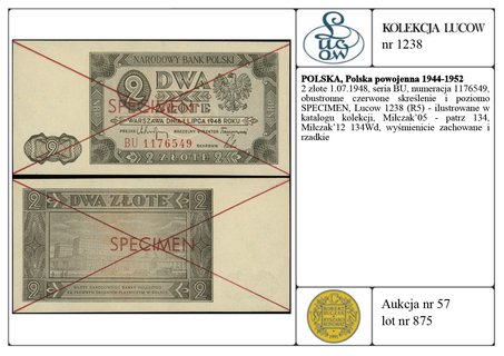 2 złote 1.07.1948, seria BU, numeracja 1176549, obustronne czerwone skreślenie i poziomo SPECIMEN, Lucow 1238 (R5) - ilustrowane w katalogu kolekcji, Miłczak’05 - patrz 134, Miłczak’12 134Wd, wyśmienicie zachowane i rzadkie